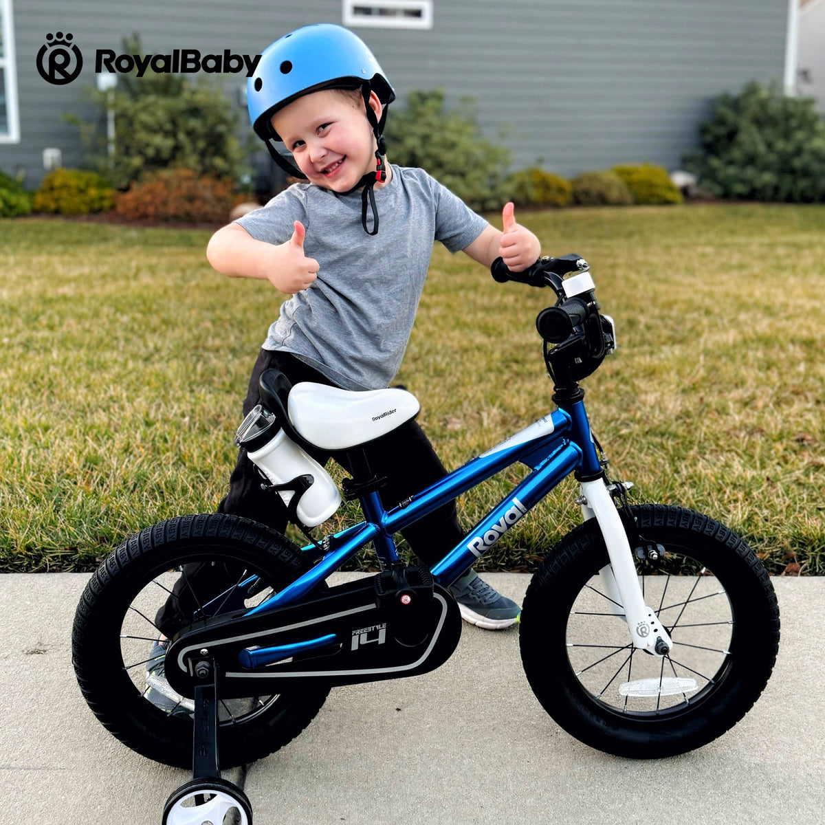 Royalbaby Boys Girls Kids Bike 14 In BMX Freestyle Blue 2 Hand Brakes Bicycles with Training Wheels Child Bicycle