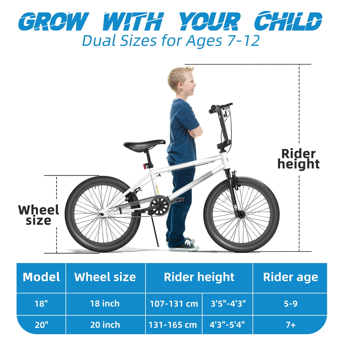 Korimefa 18 inch BMX Bikes, Kids Bicycles for Boys Ages 5-9, Child, Tween & Teen, Front Aluminum Alloy U-Brake, Rear R-Brake, Hand Brake Levers & Front and Rear Pegs, White