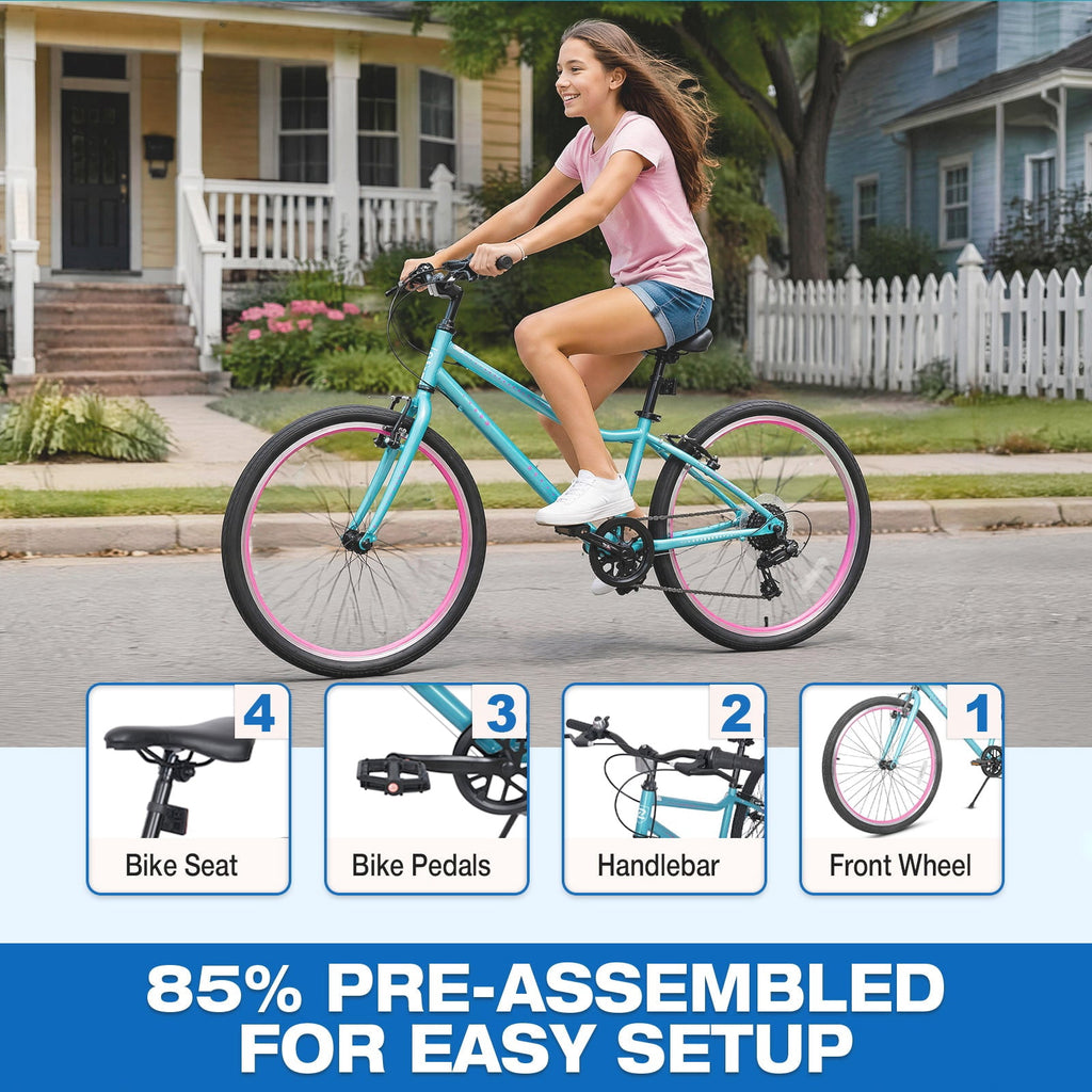 Hykolity 20-in Kid Mountain Bike 7 Speed Bicycles for Kids Bikes MTB Children Ages 8-13 Tween Fits Riders 48-60 Adjustable Seat Dual Brake Outdoor Cycling, Pink