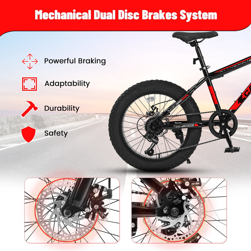 20 Inch Fat Tire Kids Mountain Bike, 7-Speed Mountain Bicycle with Dual Disc Brake and Front Suspension, High-Carbon Steel Frame Kids MTB for Boys Girls Ages 8-12 Year Old, Black-Green