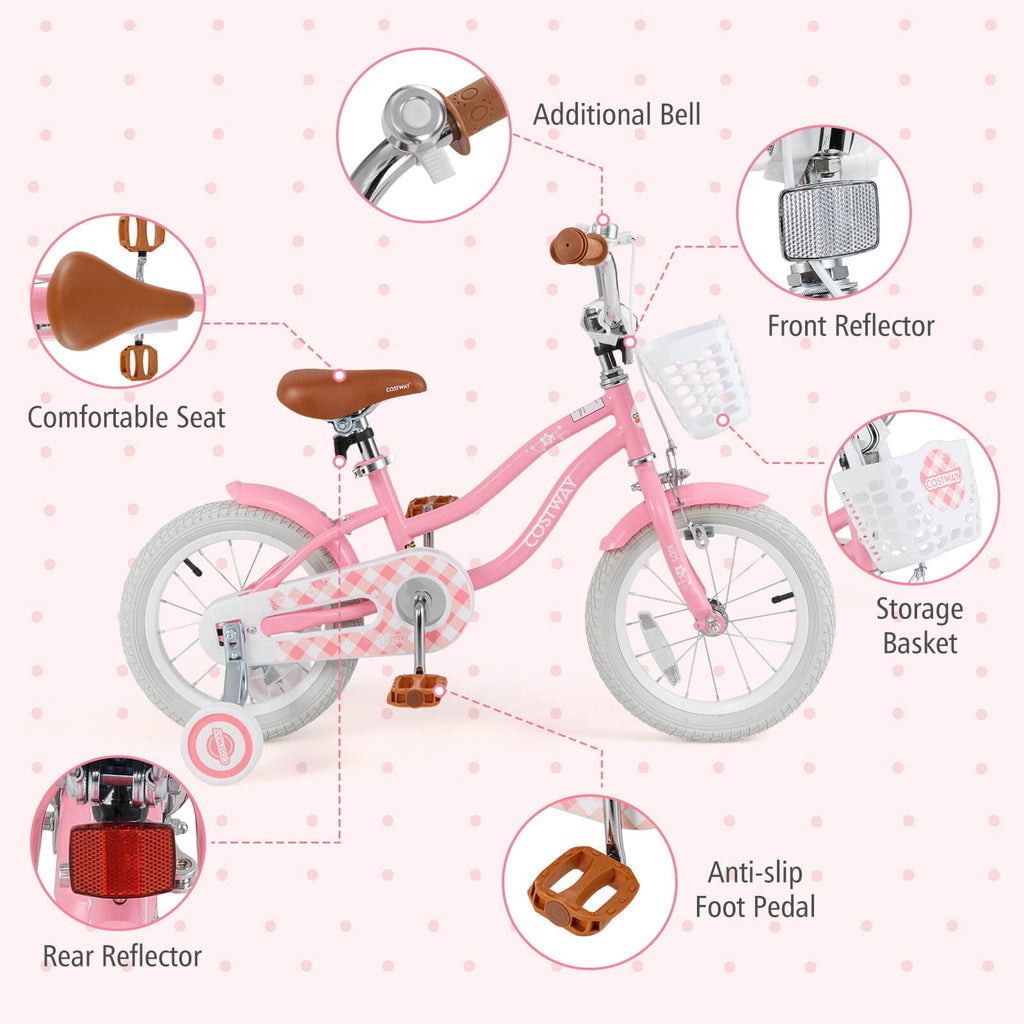 Costway 18'' Kids Bike Toddler Bicycle with Training Wheel Kickstand for 4-8 Years Old Pink