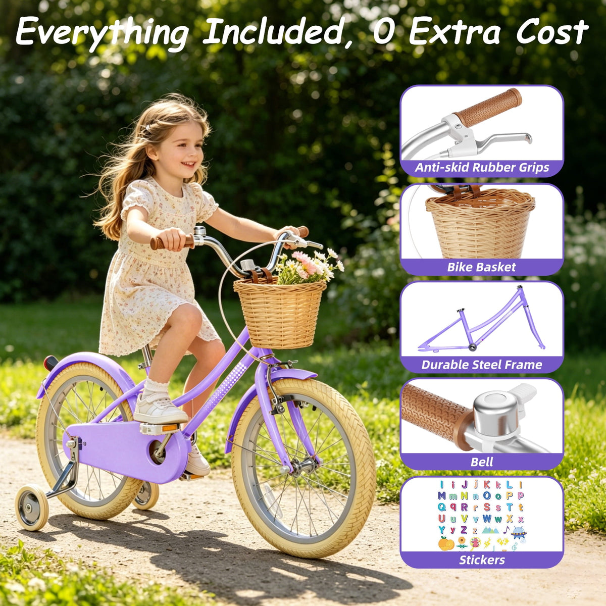 Korimefa Girls Bike 18 Inch Kids Bicycle for 5-9 Years Old, with Removable Training Wheels & Cute Basket, Ideal Gift for Toddler Girls Outdoor Riding,Purple