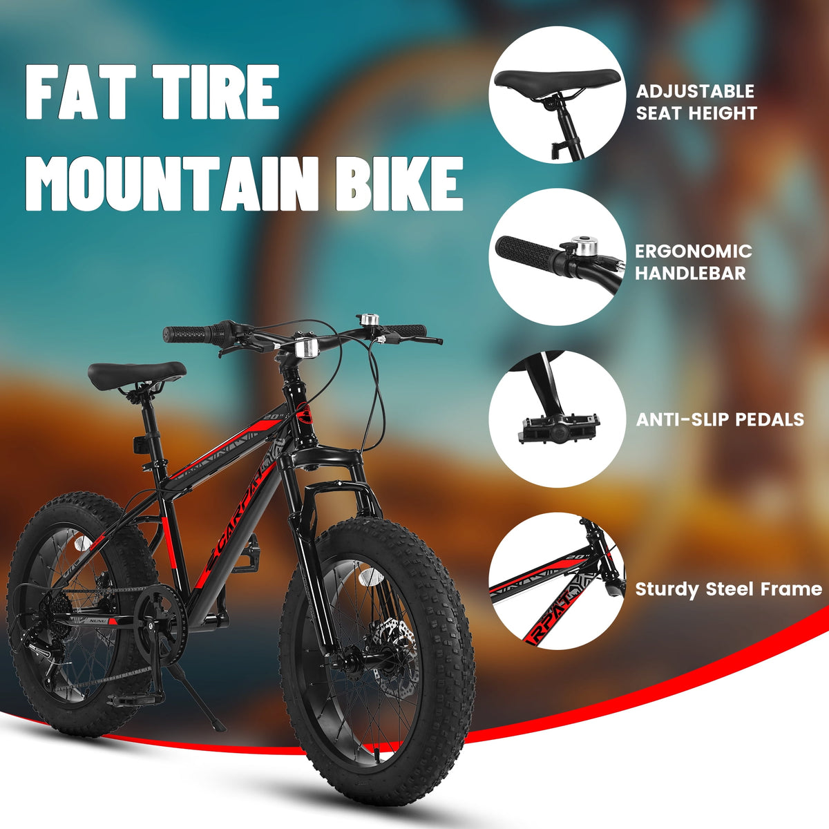 20 Inch Fat Tire Kids Mountain Bike, 7-Speed Mountain Bicycle with Dual Disc Brake and Front Suspension, High-Carbon Steel Frame Kids MTB for Boys Girls Ages 8-12 Year Old, Black-Green
